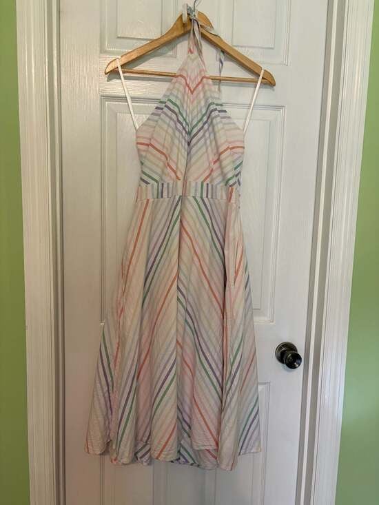 New York & Company Striped Chevron Multicolor Halter Dress, Med